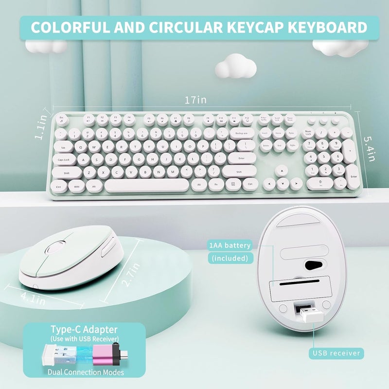 SkyGive Wireless Keyboard and Mouse Combo, Ergonomic Full Size Typewriter Retro Round Keycaps Keyboard, Compatible with Windows, PC, Perfer for Home and Office Keyboards（Green） - Image 5